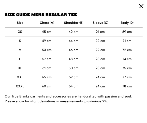 Size Guide Mens Regular Tee